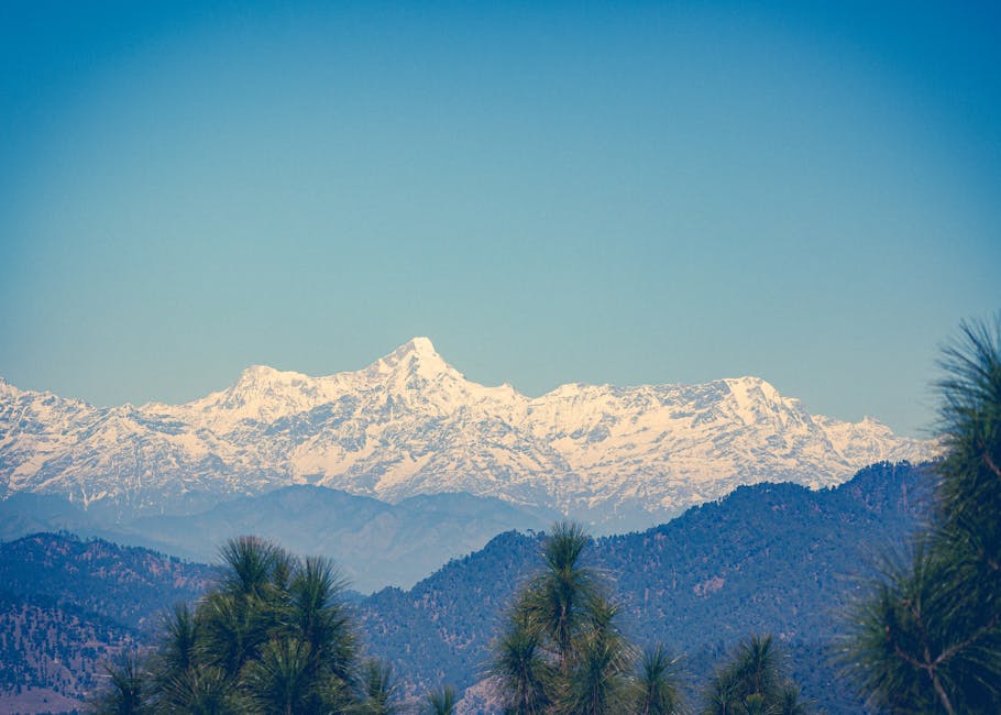 Stunning snowy Himalayas under a clear blue sky in Almora, India, showcasing breathtaking natural beauty.
